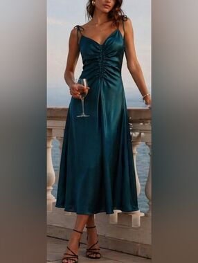 M • Jason Wu • Teal Satin Ruched Slip Midi Dress Silk-Feel Backless Halter Dress
